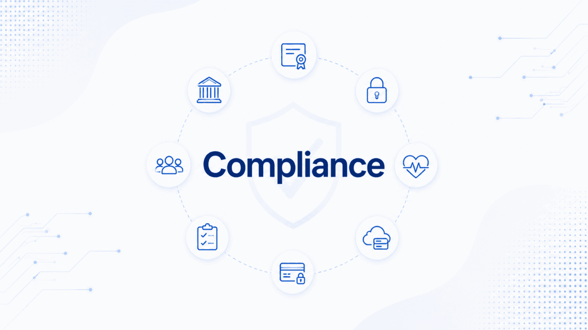 Cybersecurity compliance consulting services illustration with governance, risk management, security controls, certification, privacy compliance, and regulatory framework icons.