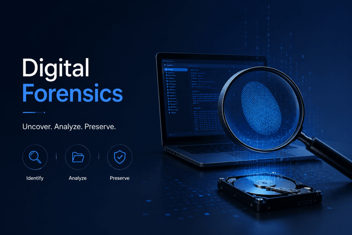 Digital forensics investigation showing cybersecurity experts analyzing digital evidence and security data