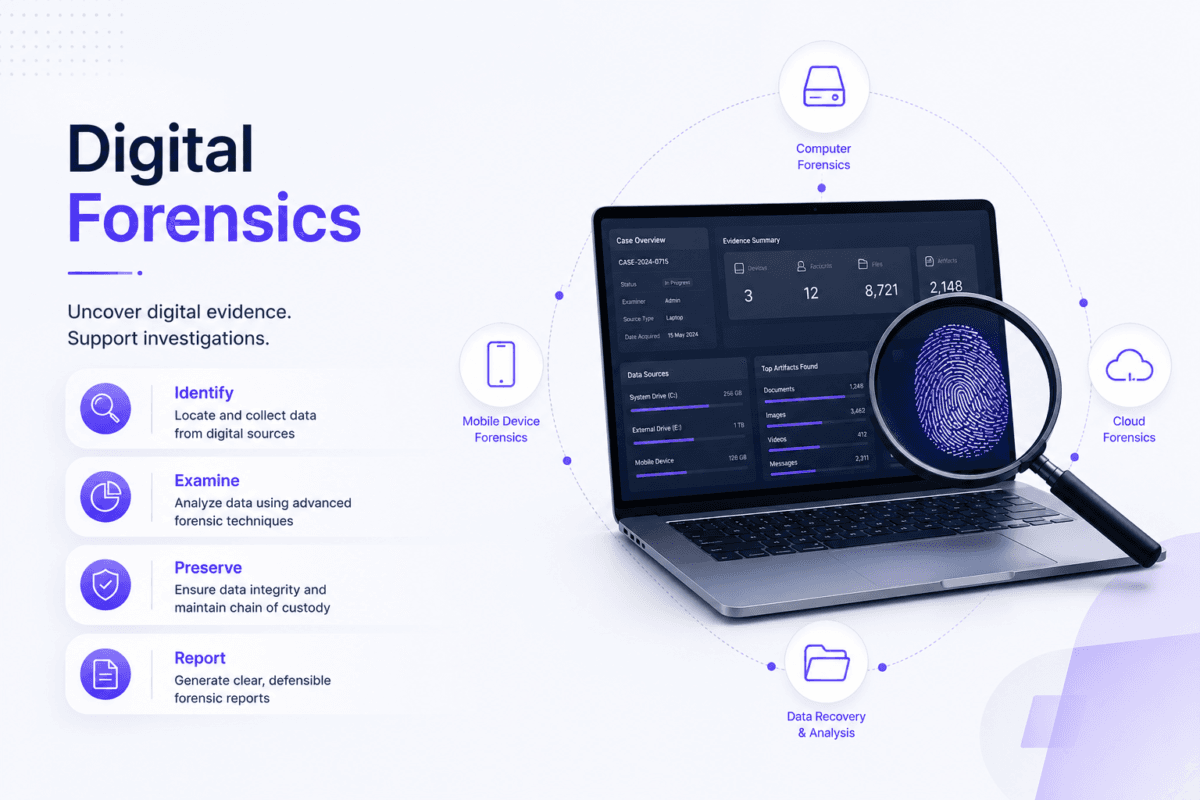 Cybersecurity digital forensics process with data analysis, threat investigation, and evidence recovery