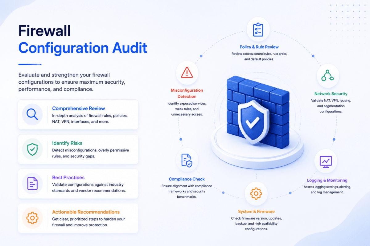 Firewall configuration audit reviewing security rules and network protection settings