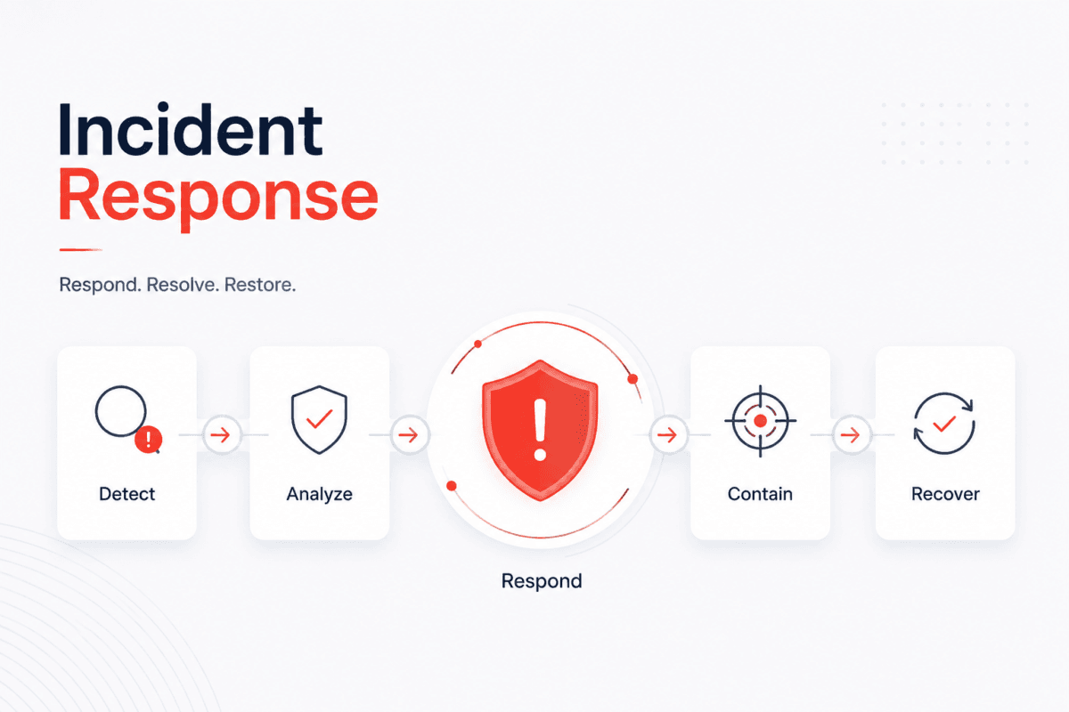 Incident response process in cybersecurity showing threat detection, analysis, and recovery steps