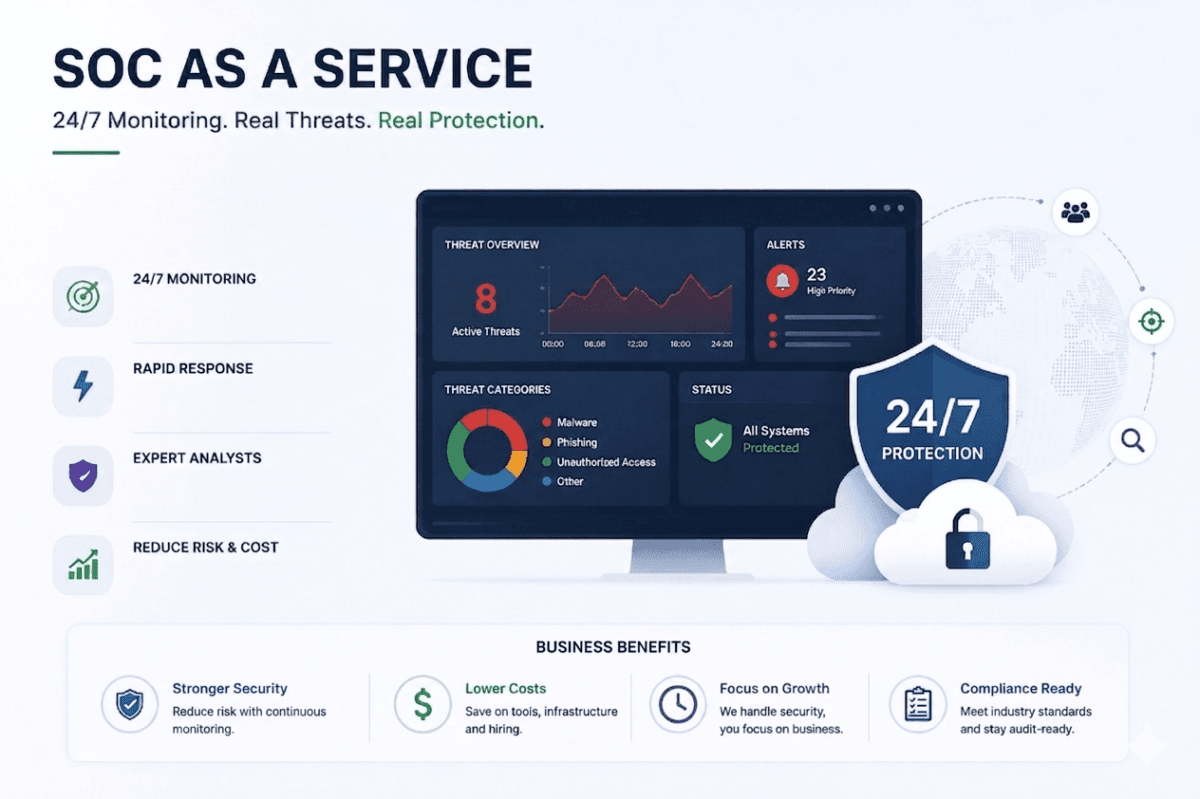 SOC as a Service infographic showcasing 24/7 monitoring features and core business benefits.