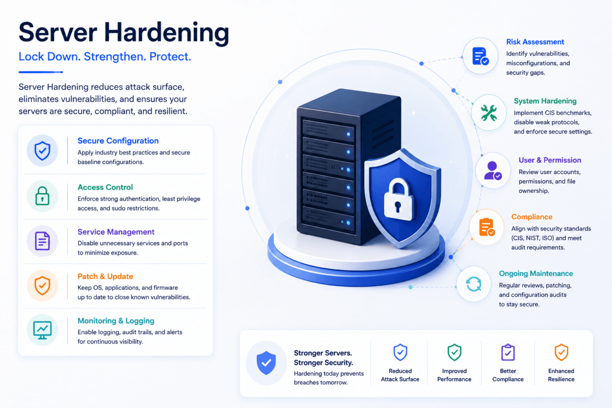 Cybersecurity team applying server hardening practices for protection