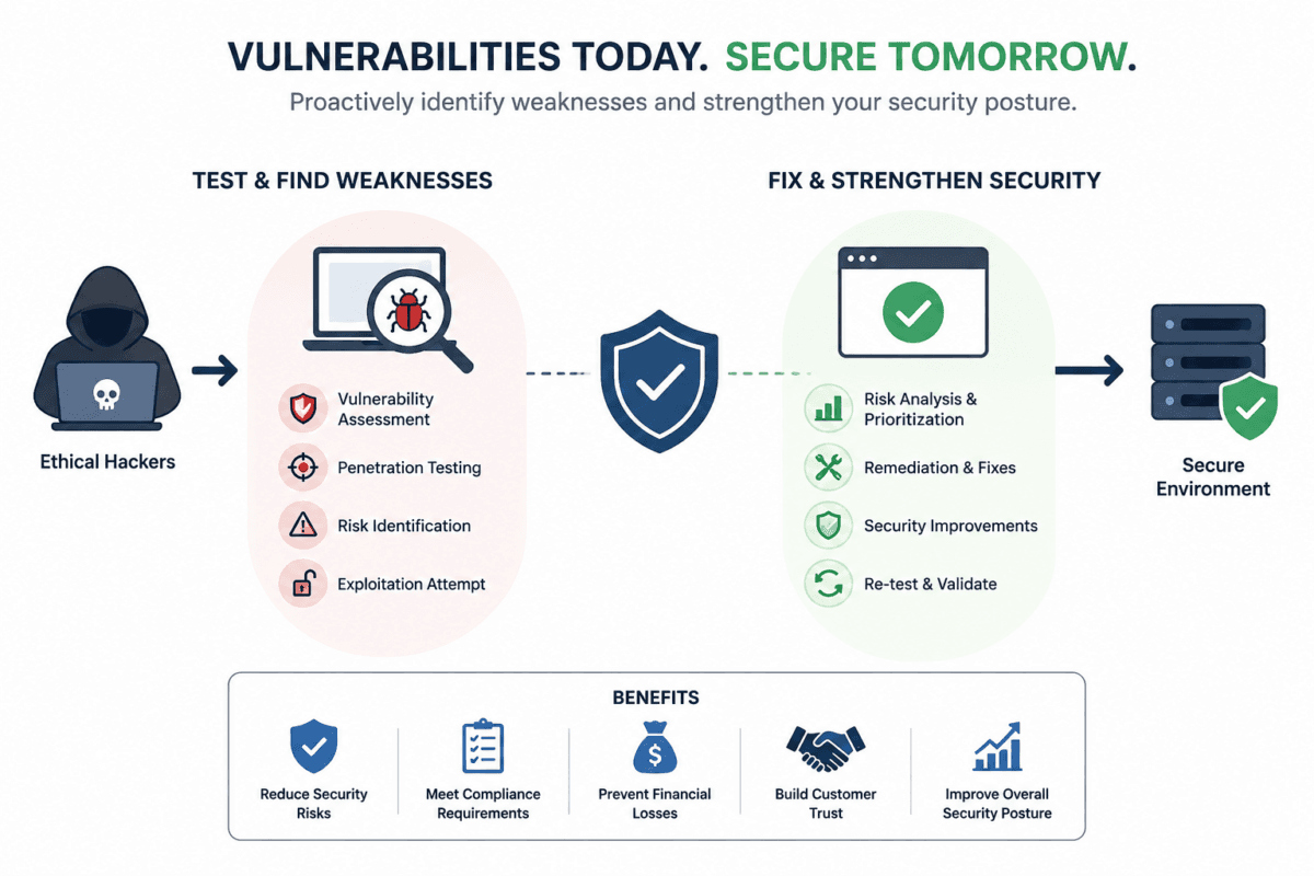 VAPT lifecycle diagram showing vulnerability assessment and penetration testing steps.